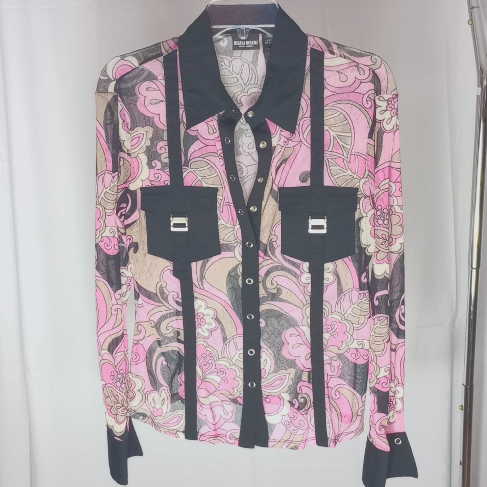 Bisou Bisou Size Lg Pink and Black see through over shirt long sleeve
